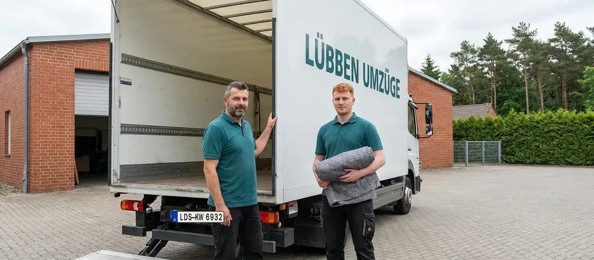 Umzugswagen und Mannschaft vor dem Betriebssitz eines Umzugsunternehmens