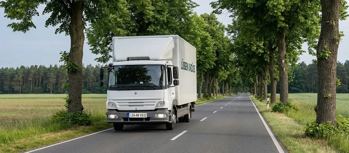 Umzugswagen von Lübben Umzüge fährt über eine Allee zwischen Feldern und Kiefernwald