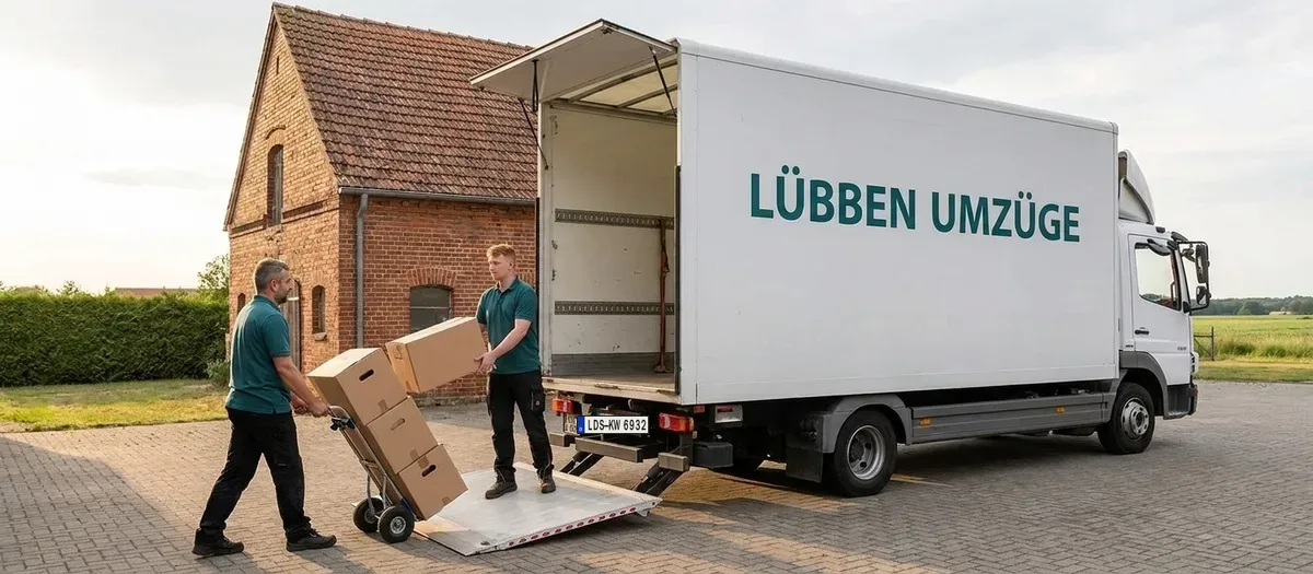 Umzugswagen steht auf einem Hof im Landkreis Dahme-Spreewald, Kartons werden mit der Sackkarre zur Laderampe gefahren
