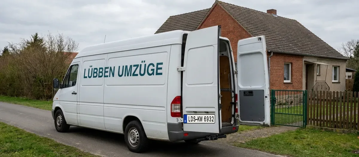 Kleinerer Umzugstransporter steht auf einem befestigten Weg vor einem Wohnhaus