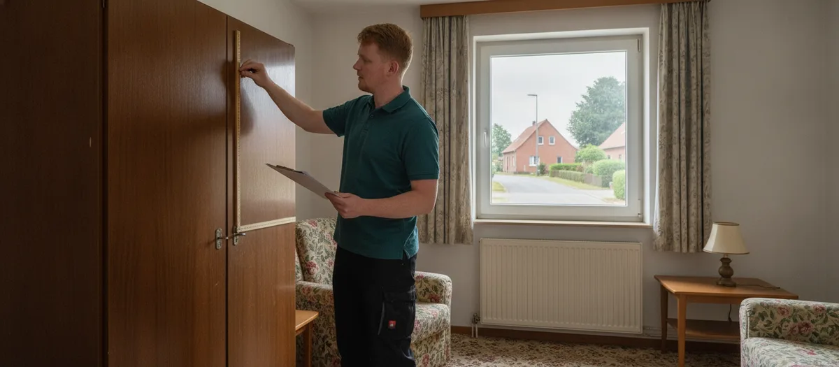 Umzugshelfer misst beim Aufmaß einen Schrank mit dem Zollstock und hält ein Klemmbrett in der Hand