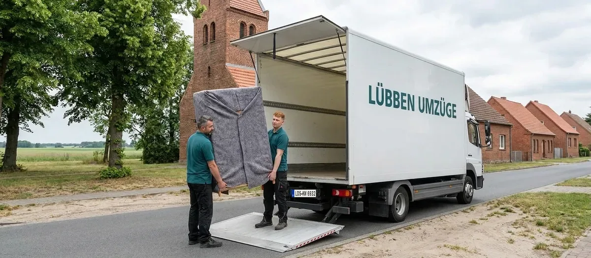 Umzugsteam trägt ein verpacktes Möbelstück in den Umzugswagen an einer Dorfstraße im Umkreis von Lübben